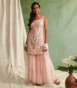 Pink Embroidered Kurta With 3 Tier Sharara And Dupatta