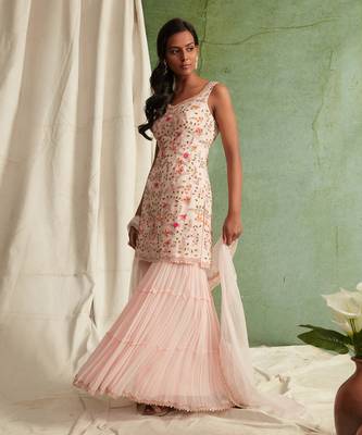Pink Embroidered Kurta With 3 Tier Sharara And Dupatta 2
