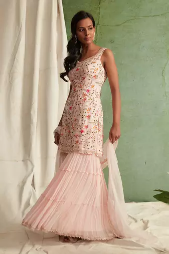 Pink Embroidered Kurta With 3 Tier Sharara And Dupatta