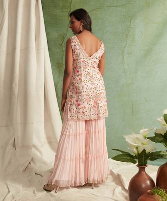 Pink Embroidered Kurta With 3 Tier Sharara And Dupatta 3