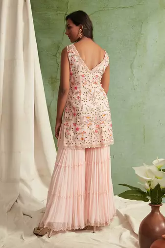 Pink Embroidered Kurta With 3 Tier Sharara And Dupatta