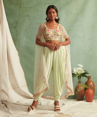 Mint Green Dhoti Pants With Crop Top And Cape 1