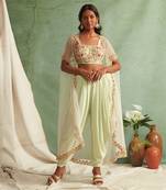 Mint Green Dhoti Pants With Crop Top And Cape