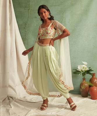Mint Green Dhoti Pants With Crop Top And Cape 2