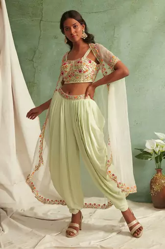Mint Green Dhoti Pants With Crop Top And Cape