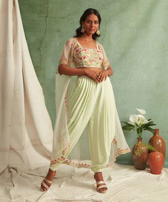 Mint Green Dhoti Pants With Crop Top And Cape 3