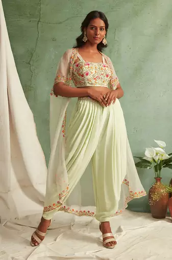 Mint Green Dhoti Pants With Crop Top And Cape