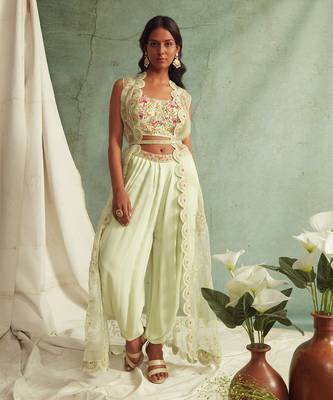 Mint Green Dhoti Pants With Crop Top And Cape 4