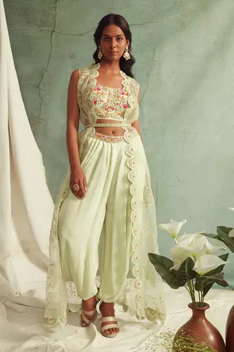 Mint Green Dhoti Pants With Crop Top And Cape