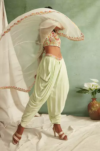 Mint Green Dhoti Pants With Crop Top And Cape