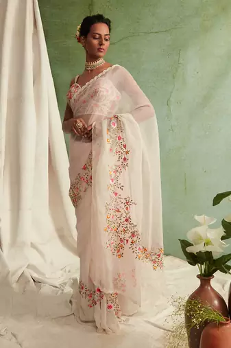 Blush Pink Saree With Embroidered Blouse