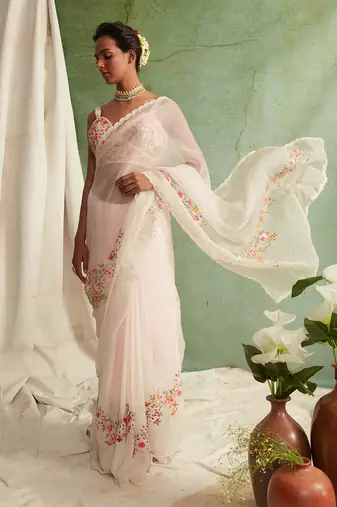 Blush Pink Saree With Embroidered Blouse