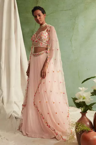 Pink Skirt Crop Top With Organza Dupatta
