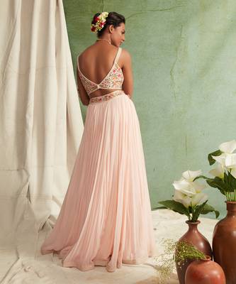 Pink Skirt Crop Top With Organza Dupatta 3