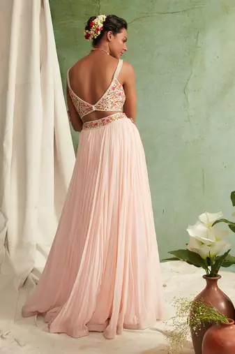 Pink Skirt Crop Top With Organza Dupatta