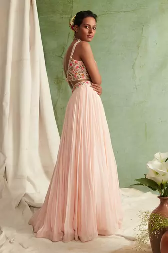 Pink Skirt Crop Top With Organza Dupatta