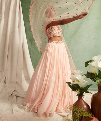Pink Skirt Crop Top With Organza Dupatta 5