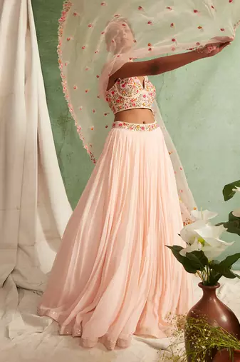 Pink Skirt Crop Top With Organza Dupatta