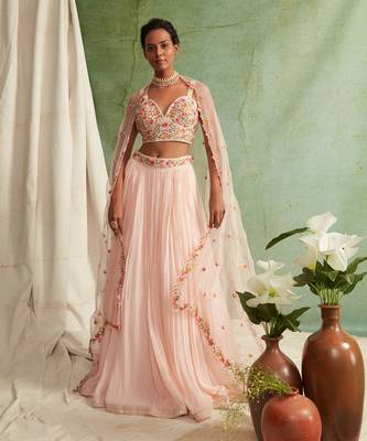 Pink Skirt Crop Top With Organza Dupatta 6