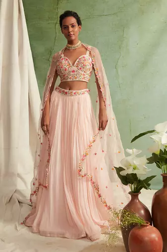 Pink Skirt Crop Top With Organza Dupatta