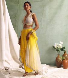 Yellow Crop Top With Draped Skirt And Cape