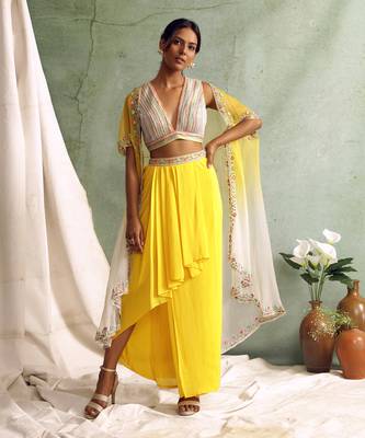 Yellow Crop Top With Draped Skirt And Cape 1