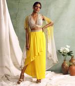 Yellow Crop Top With Draped Skirt And Cape