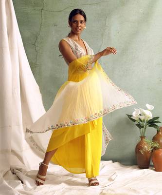 Yellow Crop Top With Draped Skirt And Cape 3