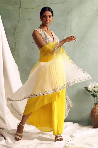 Yellow Crop Top With Draped Skirt And Cape
