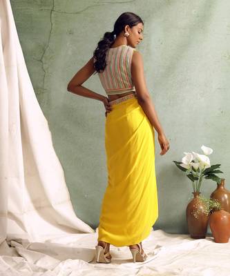 Yellow Crop Top With Draped Skirt And Cape 4
