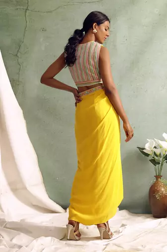 Yellow Crop Top With Draped Skirt And Cape