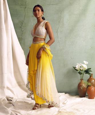 Yellow Crop Top With Draped Skirt And Cape 5