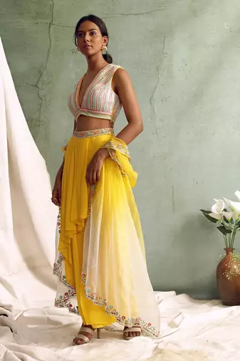 Yellow Crop Top With Draped Skirt And Cape