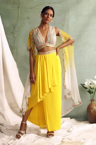 Yellow Crop Top With Draped Skirt And Cape