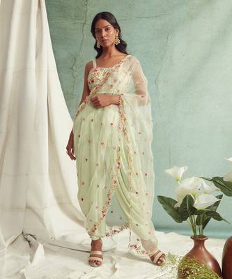 Mint Green Dhoti Pants With Crop Top And Dupatta 1