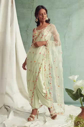 Mint Green Dhoti Pants With Crop Top And Dupatta