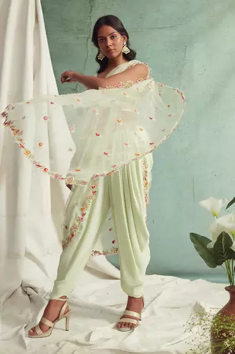 Mint Green Dhoti Pants With Crop Top And Dupatta
