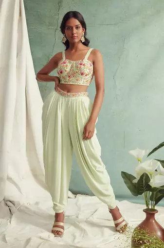 Mint Green Dhoti Pants With Crop Top And Dupatta