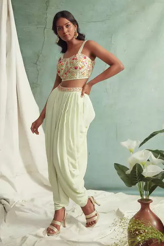 Mint Green Dhoti Pants With Crop Top And Dupatta