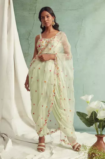 Mint Green Dhoti Pants With Crop Top And Dupatta