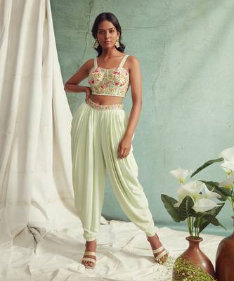 Mint Green Dhoti Pants With Crop Top And Dupatta 9