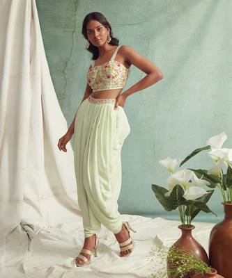 Mint Green Dhoti Pants With Crop Top And Dupatta 10