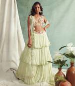 Mint Green Frilled Lehenga Blouse And Cape