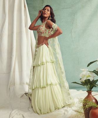 Mint Green Frilled Lehenga Blouse And Cape 2
