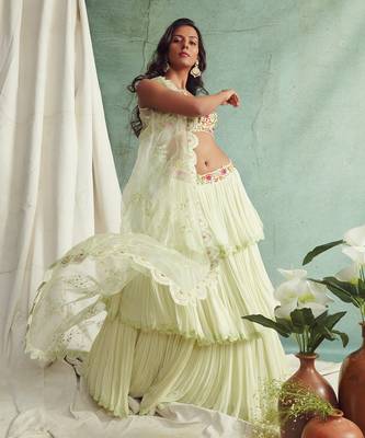 Mint Green Frilled Lehenga Blouse And Cape 3