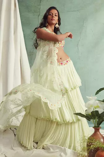 Mint Green Frilled Lehenga Blouse And Cape