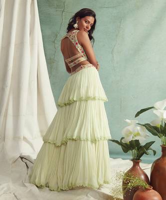 Mint Green Frilled Lehenga Blouse And Cape 4