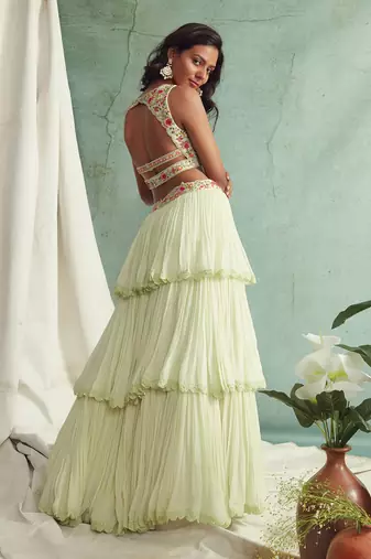 Mint Green Frilled Lehenga Blouse And Cape