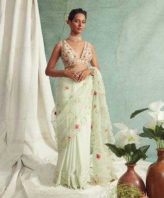 Mint Green Saree With V Neck Embroidered Blouse 1