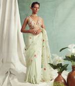 Mint Green Saree With V Neck Embroidered Blouse